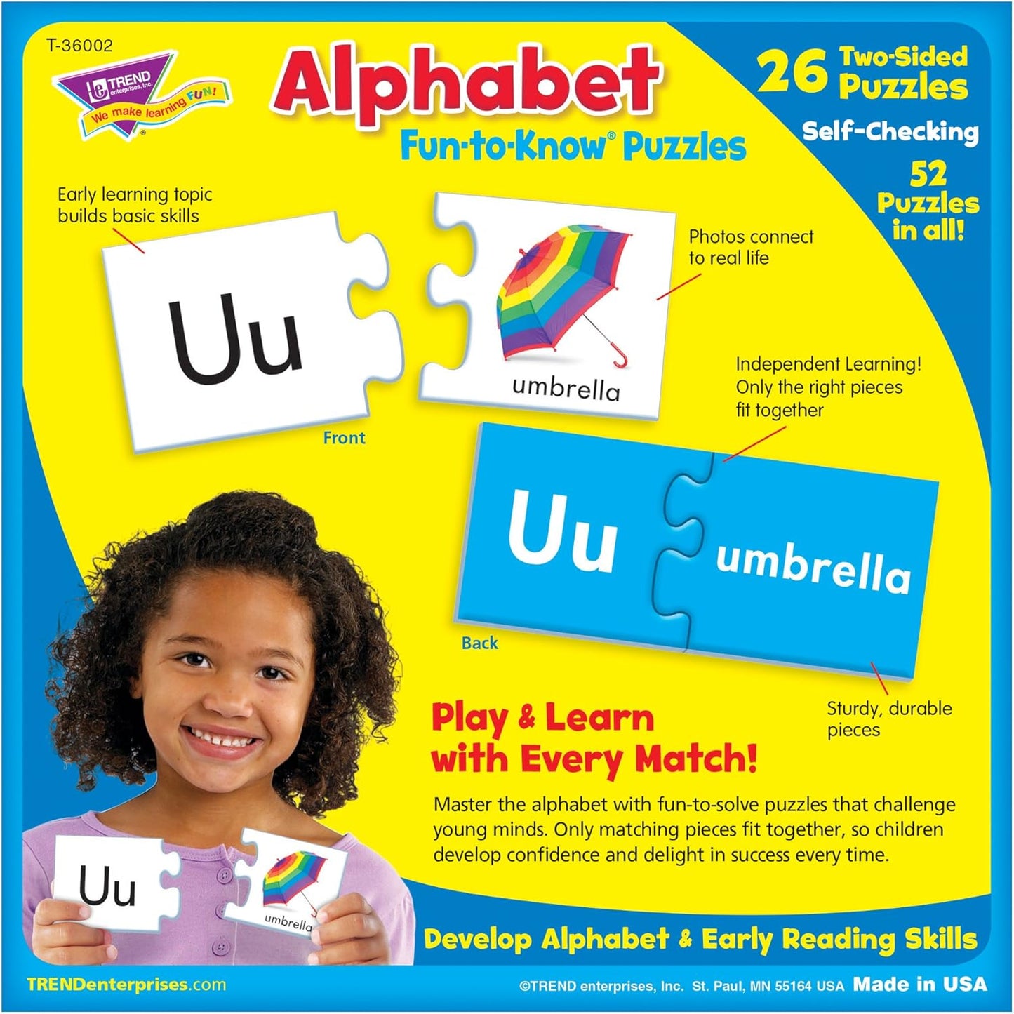 Creativity inspired TREND ENTERPRISES, INC. Fun-to-Know Puzzles: Alphabet, Learn The Alphabet & Letter Sounds, 26 Two-Sided Puzzles, Self-Checking, 52 Puzzles Total, for Ages 3 and Up
