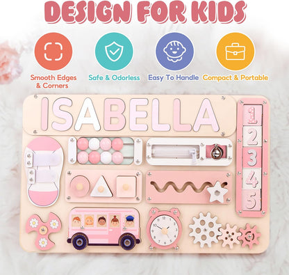 Montessori Busy Board with Personalized Name Puzzle, Wooden Sensory Activity Toy for Toddlers 1-3, First Birthday Gift