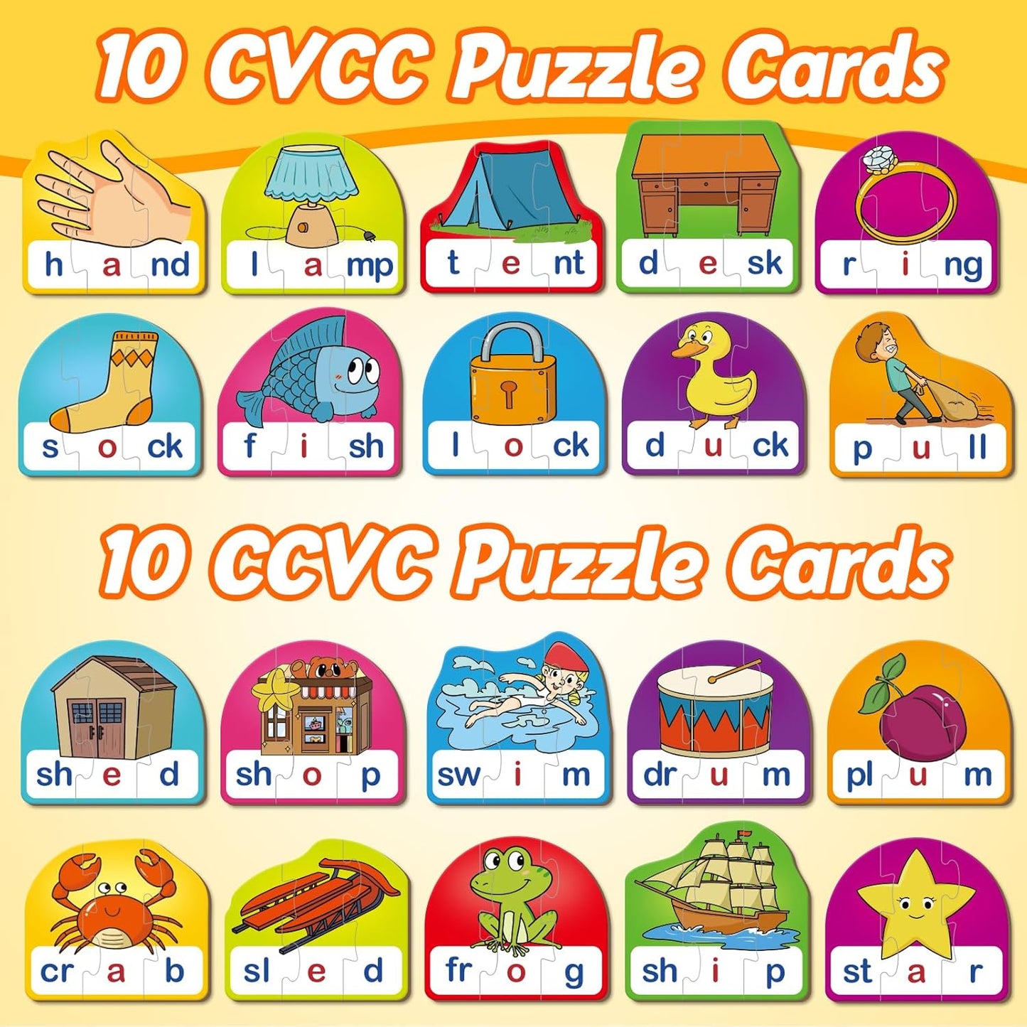 Kasfalci CVCC & CCVC Puzzle Cards for Kids - Word & Phonics Games, Speech Therapy Toys for Toddlers, 4 Alphabet Letter Word Puzzles, Learning Spelling Games