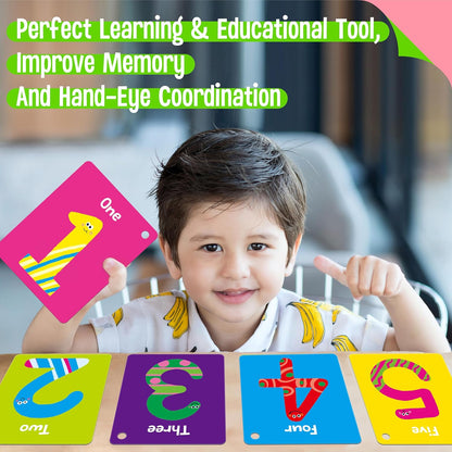 50 PCS Kid First Cognitive Flashcards,Double Sided Printed 7 in 1 Colorful Cards Alphabet,Numbers, Foods,Animals,Shapes,Colors with 3 Reclosable Rings,Learning Tool for Pre-K Kindergarten Toddlers