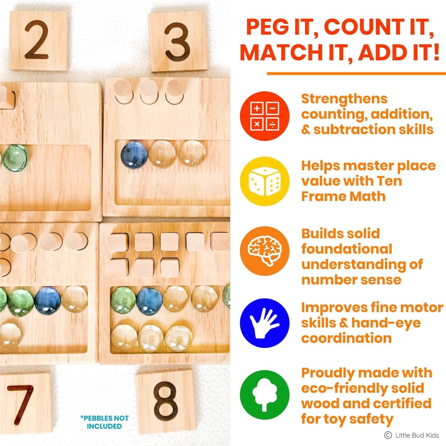 LITTLE BUD KIDS Counting Pegs - A Ten Frame Math Game with Addition and Subtraction Flash Cards, A Wooden Montessori Math Toy & Math Manipulatives Number Peg Boards for Kids 3 4 5 6 7