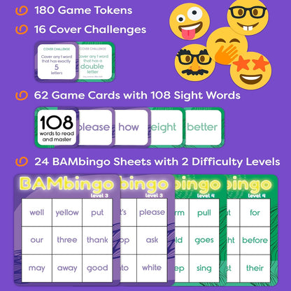 THE BAMBINO TREE Sight Word Bingo Game Level 1 and 2 - Educational Games for Kids - Learn to Read Vocabulary for Kindergarten 1st Grade - Dolch's Fry's Words Lists