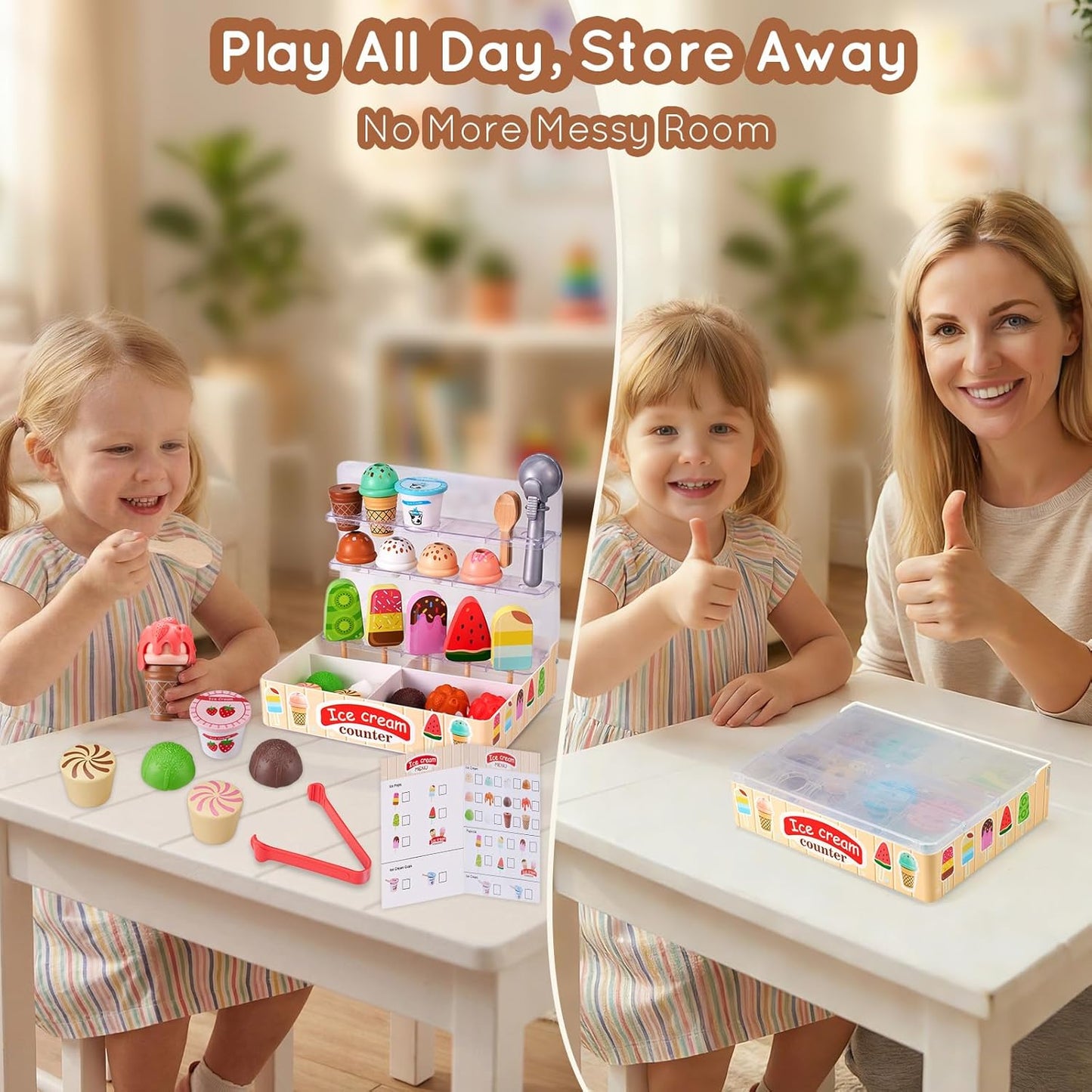 Ehome Wooden Ice Cream Toys Set Pretend Play Food Store for Kids Serve Ice Cream Counter Shop Kitchen Playset with Lucky Wheel, Scoop, Menu, Fake Money for Boys and Girls Ages 3 4 5 6 Birthday Gift