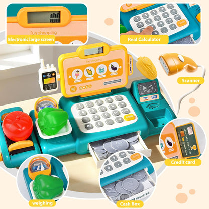 Cash Register Toy for Kids,Toddler Pretend Play Store with Real Calculator,Scanner,Play Food, Money & Credit Card,Supermarket Checkout Set, Math Skills Learning Toys,Birthday Gift for Boys Girls-Red
