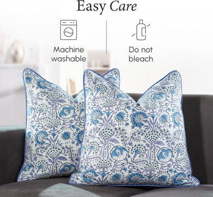 CPC 100% Cotton Throw Pillow Covers 18x18 Inch, Set of 2 Green Block Print Pattern Couch Pillow, Cute Boho Decorative Pillows for Living Room, Bedroom with Hidden Zipper- Agate Green