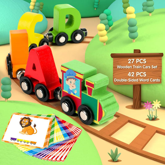 Vanmor Wooden Train Set for Toddlers - Snap-Connection Animal Trains, Magnetic Alphabet Train Learning Toys, STEM Preschool Toys, ABC and Animal Play Set for Kids Ages 3-5