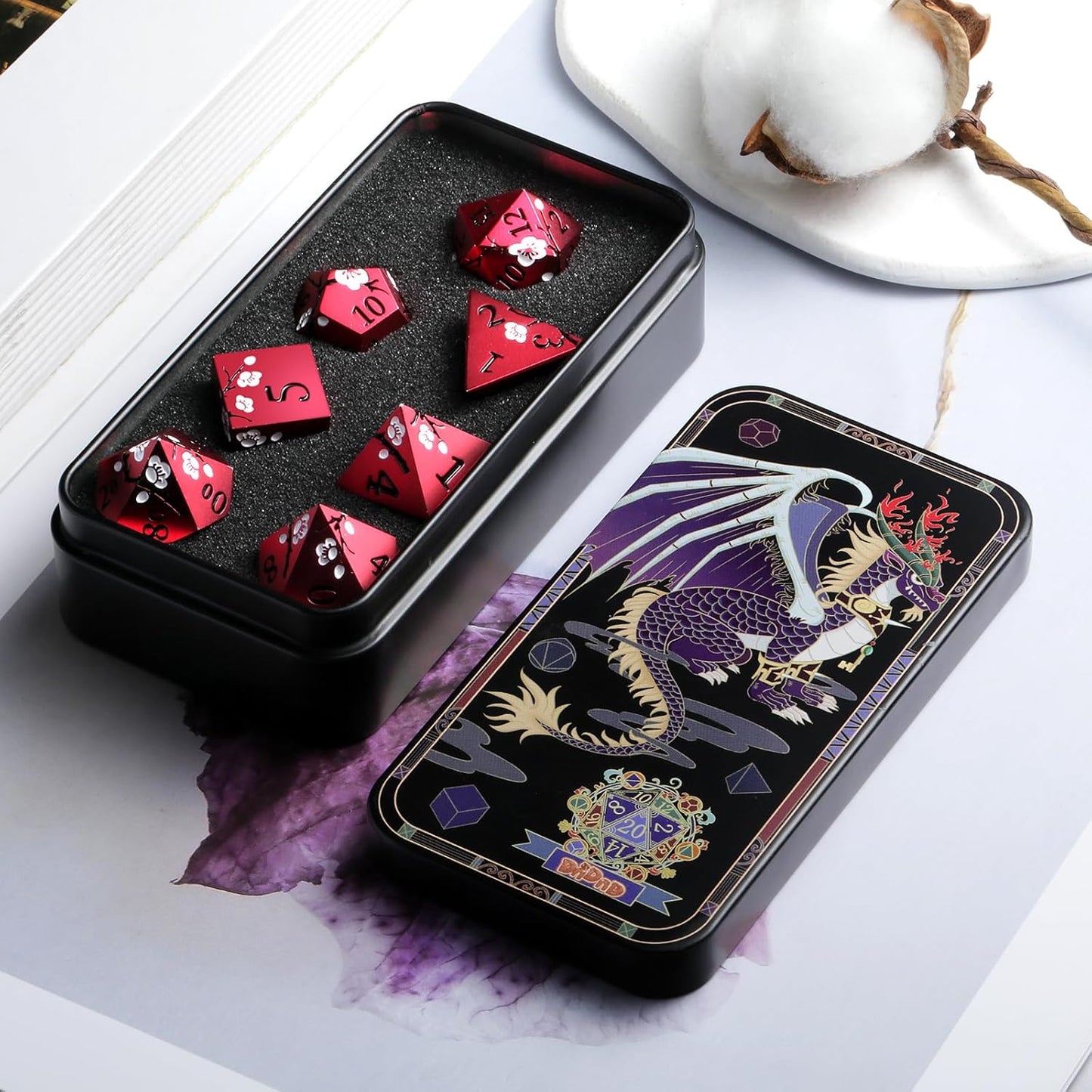 DnDnD Heavy Polyhedral Metal Dice Set with Metal Box, 7-die Shiny Blue Surface with Golden Number for RPG,Dungeons and Dragons,Pathfinder,Shadowrun,D&D,Role Palying Game and Math Teaching - Colors A