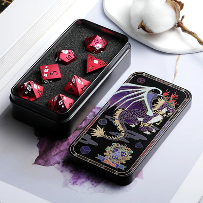 DnDnD Heavy Polyhedral Metal Dice Set with Metal Box, 7-die Shiny Blue Surface with Golden Number for RPG,Dungeons and Dragons,Pathfinder,Shadowrun,D&D,Role Palying Game and Math Teaching - Colors A