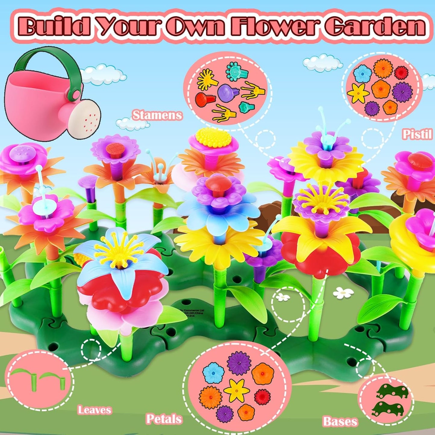 FUNZBO Girl Flower Garden Building Toys Set - Birthday Gifts for Age 2 3 4 5 6 Years Old Girls, STEM Montessori Educational Toy for Toddler Kids, Sorting & Stacking Spring Gardening Set