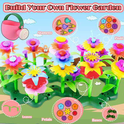 FUNZBO Girl Flower Garden Building Toys Set - Birthday Gifts for Age 2 3 4 5 6 Years Old Girls, STEM Montessori Educational Toy for Toddler Kids, Sorting & Stacking Spring Gardening Set