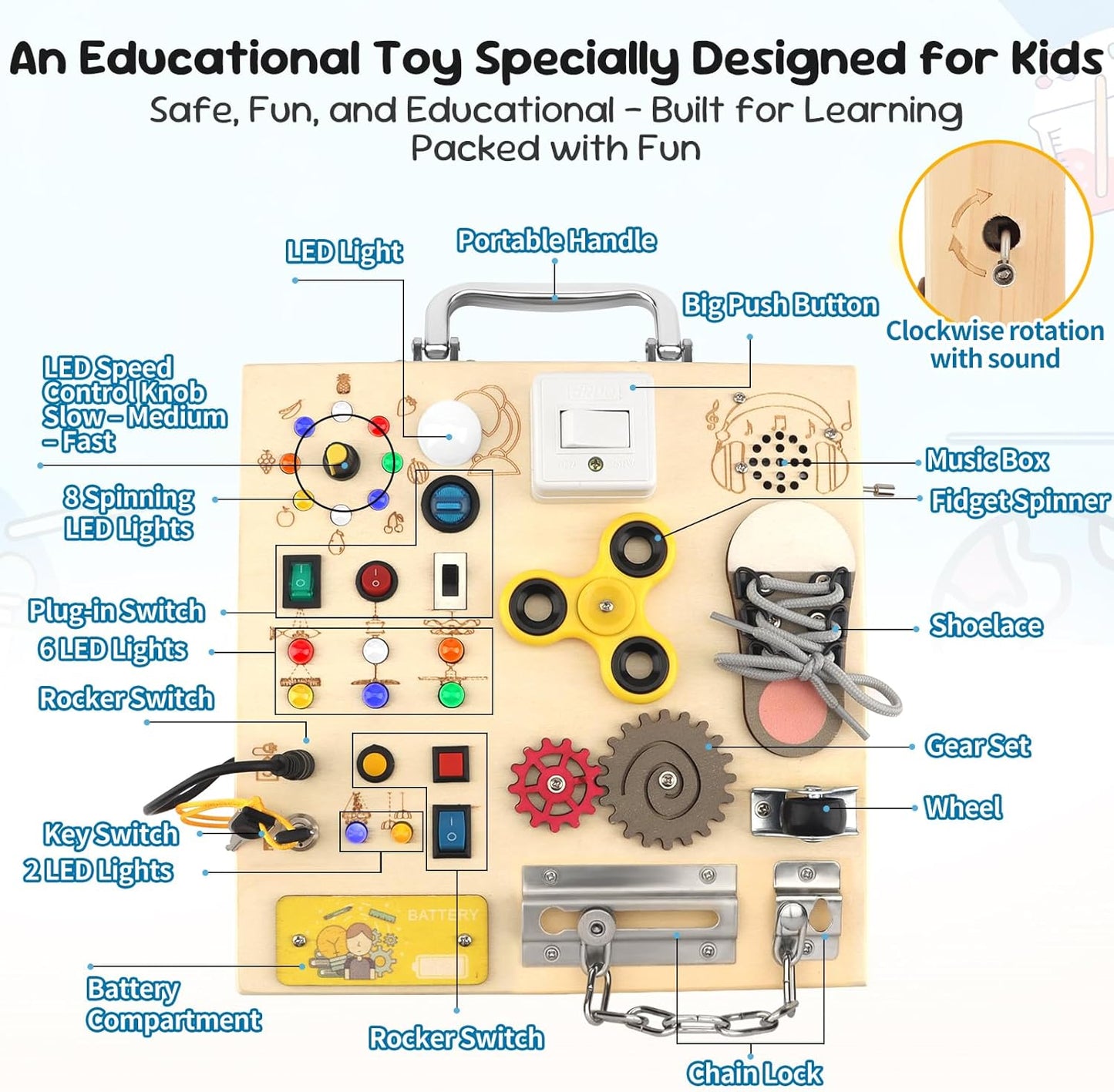 Wooden Busy Board with LED Light，Montessori Baby Learning Toys for Toddlers , Sensory Activity Board , Travel Educational Toy Boy & Girl Birthday Gift (Black Handle)