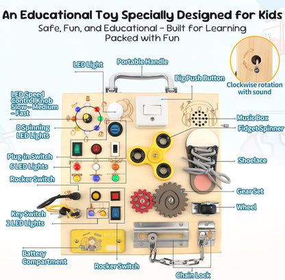 Wooden Busy Board with LED Light，Montessori Baby Learning Toys for Toddlers , Sensory Activity Board , Travel Educational Toy Boy & Girl Birthday Gift (Black Handle)