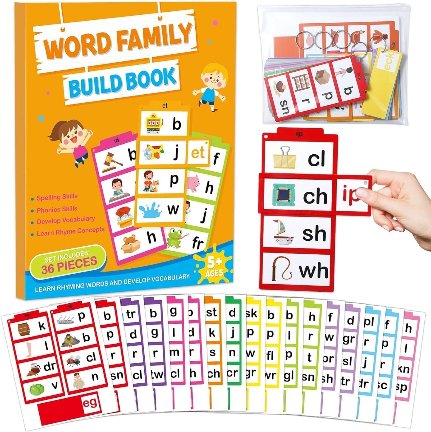 Word Family Build Book Read and Rhyme Activity Book Learn to Read Phonics Slide Flashcards Kindergarten Sight Word Flash Cards ABC Vocabulary Reading Games for Kids Homeschool Education