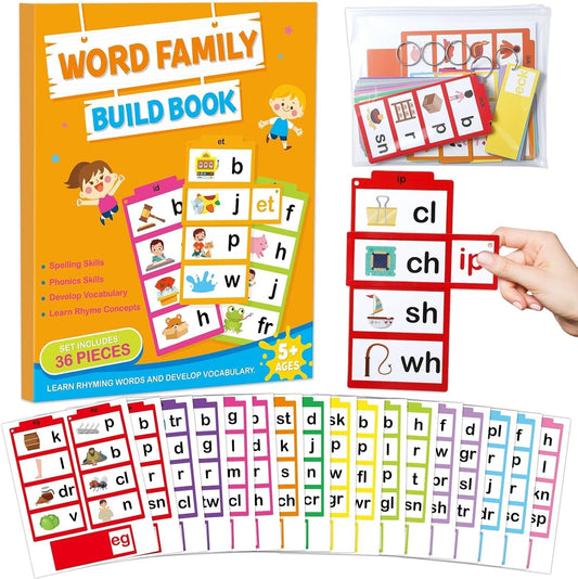 Word Family Build Book Read and Rhyme Activity Book Learn to Read Phonics Slide Flashcards Kindergarten Sight Word Flash Cards ABC Vocabulary Reading Games for Kids Homeschool Education
