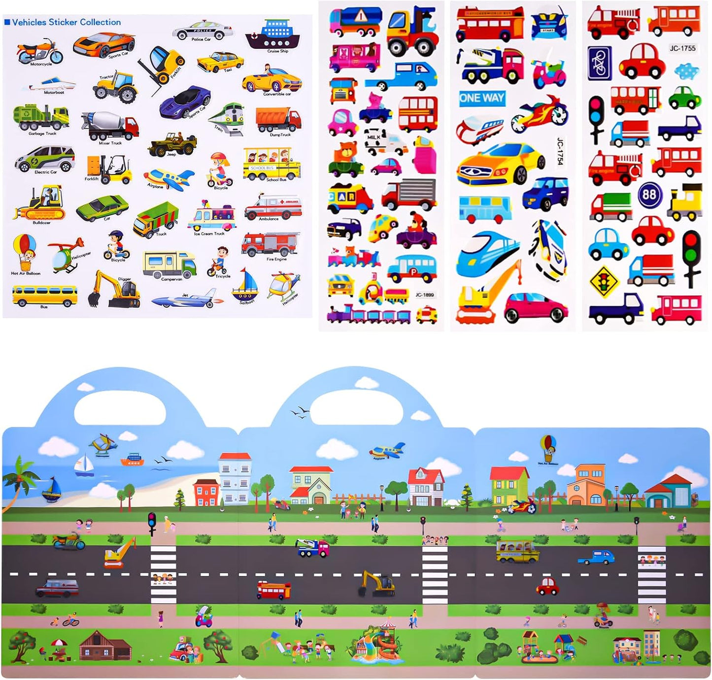 ASTARON Reusable Sticker Book for Toddlers, 88 Pcs Dinosaur Stickers Road Trip Activities Car Airplane Activities Travel Toys for Kids, Kids Quiet Time Activities (2-6 Age)