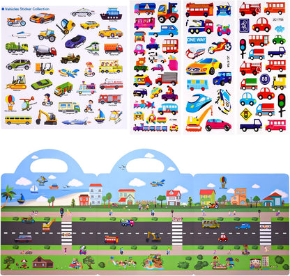 ASTARON Reusable Sticker Book for Toddlers, 88 Pcs Dinosaur Stickers Road Trip Activities Car Airplane Activities Travel Toys for Kids, Kids Quiet Time Activities (2-6 Age)