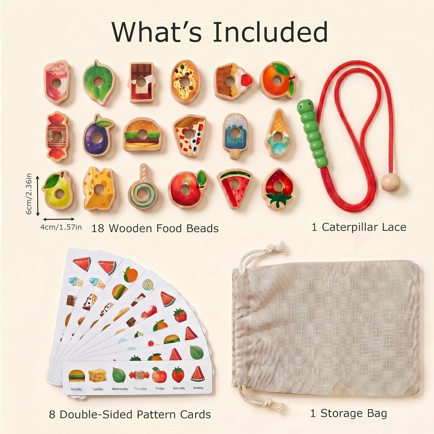 Wooden Caterpillar Lacing Toy, 18 PCS Fruit Vegetable Food Threading Beads with Pattern Cards, Montessori Fine Motor Skills Toy for Toddlers 3+ Preschool Learning Gift