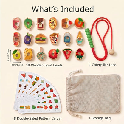Wooden Caterpillar Lacing Toy, 18 PCS Fruit Vegetable Food Threading Beads with Pattern Cards, Montessori Fine Motor Skills Toy for Toddlers 3+ Preschool Learning Gift
