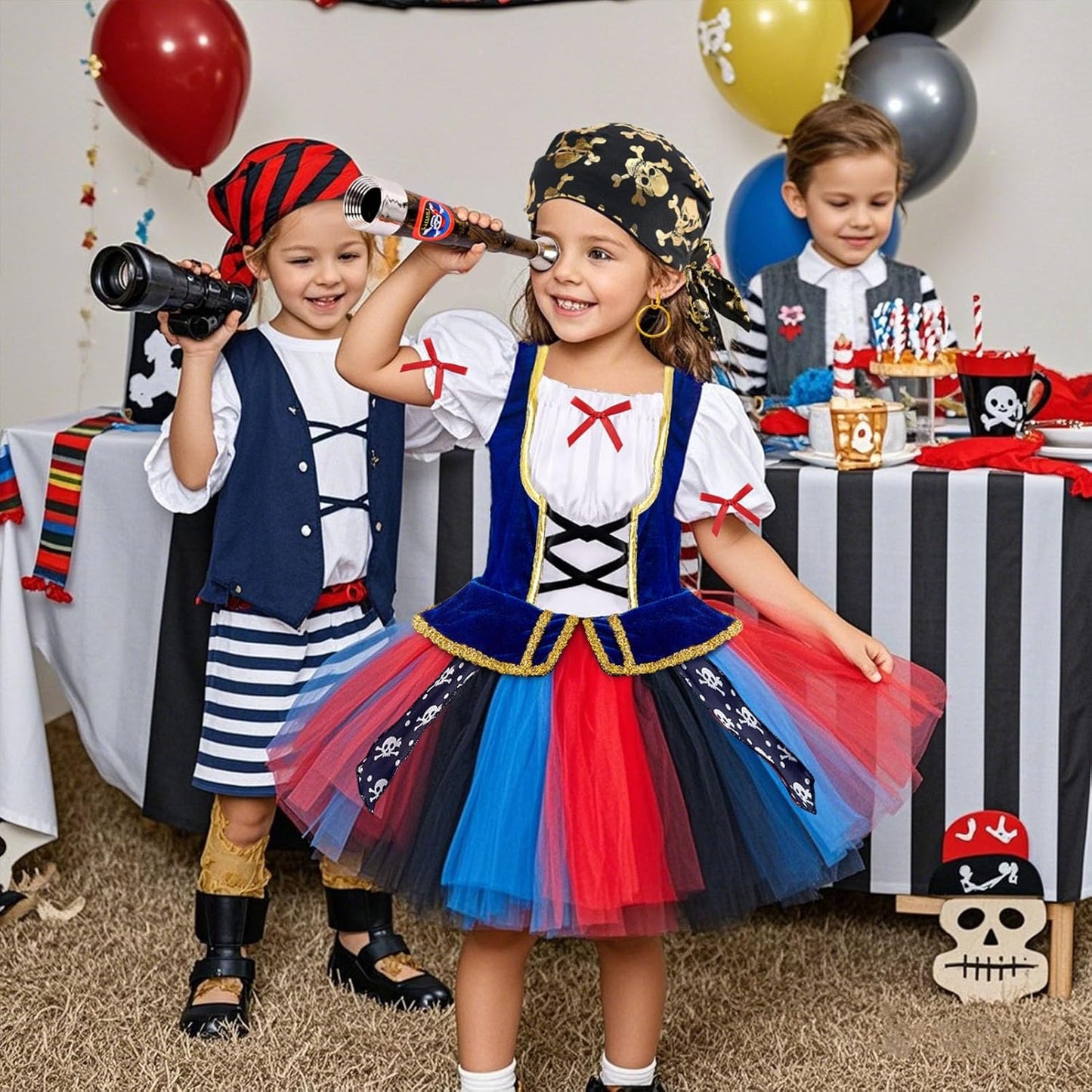 Latocos 14pcs Girls Pirate Costume Dress Kids Pirate Accessories Hat Eye Patch Halloween Dress Up Role Play Gift