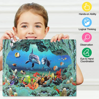 LELEMON 100 Pieces Jigsaw Puzzles in a Metal Box for Kids Age for 4-8 Boys Girls Toy Puzzles Construction Site Vehicles Children Learning Educational Puzzles Toys