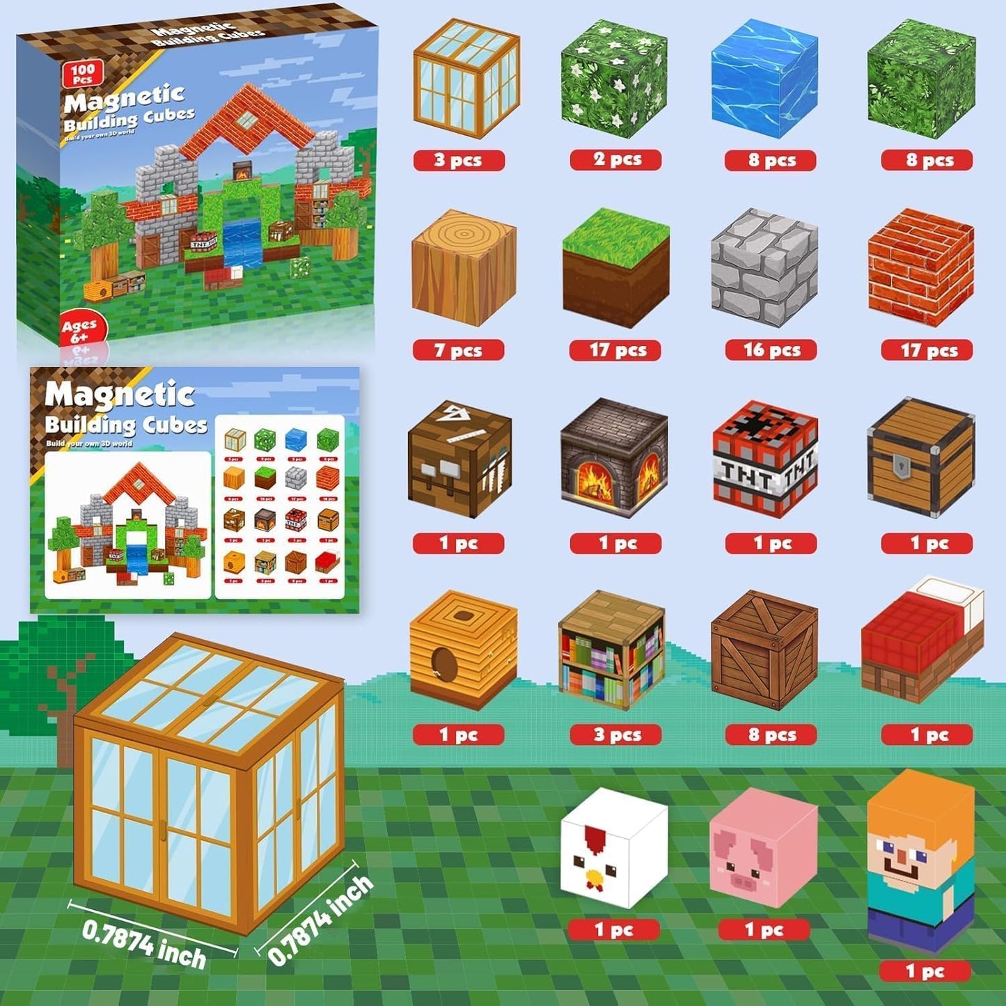 Goody King Magnetic Blocks |100PCS Magnetic Building Blocks Magic‘s House Magnetic Cube,Magnetic Blocks for Kids Ages 3-10,STEM Montessori Stacking Toy, Sensory Tiles Building Birthday for Toddlers