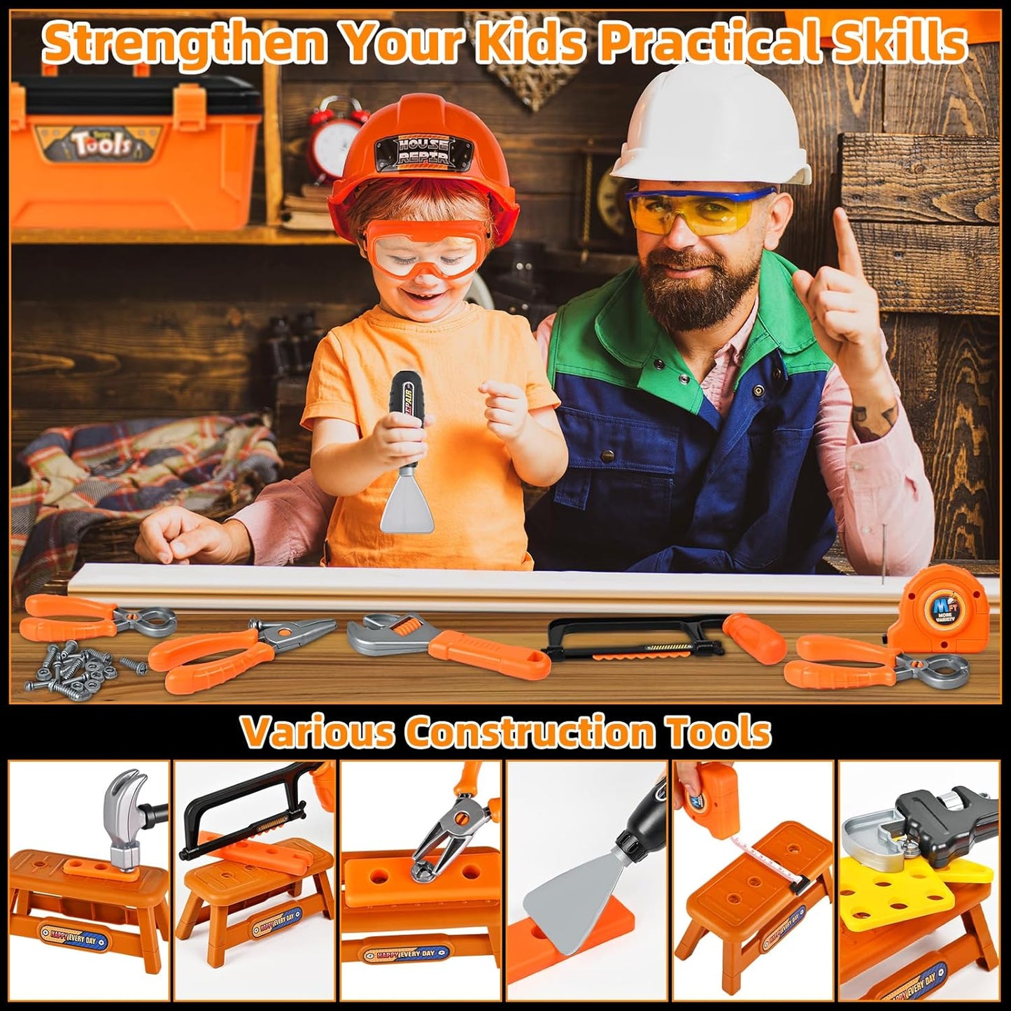 Kids Tool Set 49 PCS, Portable Tool Bag with Battery Powered Toy Drill & Adjustable Belt, Pretend Play Toddler Tool Set, Construction Toys for Boys & Girls Age 3-8, STEM Gifts