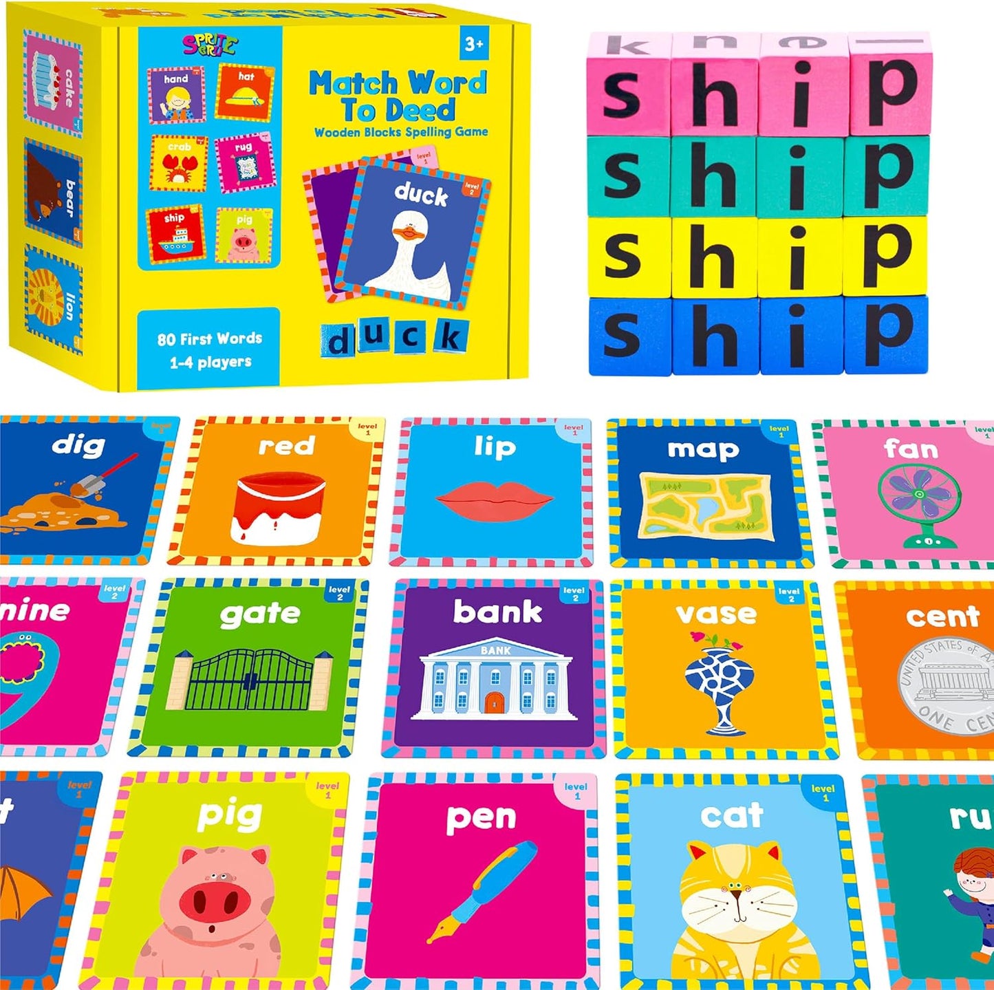 Word Spelling Game, 80 First Words with Wooden Alphabet Puzzle Blocks CVC Words Sight Words Learning Letter Matching Game Montessori Early Educational Toys for Preschool Kindergarten