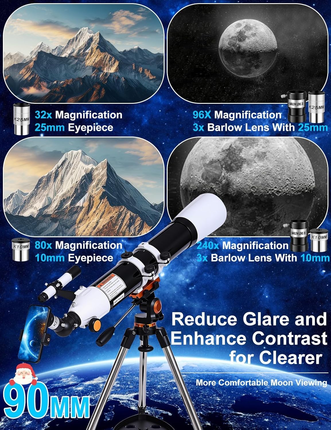 Telescope for Adults High Powered 90mm Aperture 800mm (32X-240X), Refractor Telescopes for Astronomy Beginners with AZ Mount Tripod, Phone Adapter, Carry Bag (80090white)