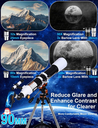 Telescope for Adults High Powered 90mm Aperture 800mm (32X-240X), Refractor Telescopes for Astronomy Beginners with AZ Mount Tripod, Phone Adapter, Carry Bag (80090white)