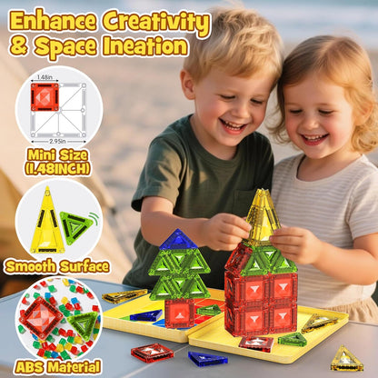 42-Piece Mini Magnetic Tiles Travel Set with Metal Storage Box - Portable STEM Building Blocks for Kids Ages 3-8, Montessori Educational Toys for Airplane & Car Rides, Gift for Boys & Girls