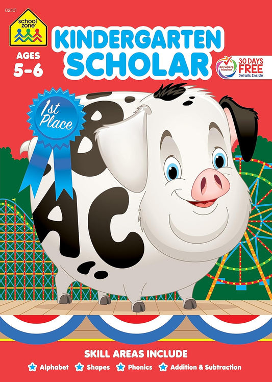 School Zone Kindergarten Scholar Workbook: 64 Pages, Alphabet, Phonics, Shapes, Patterns, Language Arts, Early Math, Counting, Addition & Subtraction, Ages 5 to 6