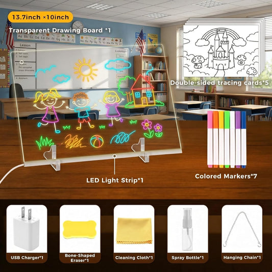 3 otters Led Drawing Board for Kids, 13.7"x10" Light UP Note Pad with 7 Colors Dry Erase Boards with 7 Markers, Soft Cloth, Hanging Chain, Spray Bottle, Holiday Birthday Trend Gift