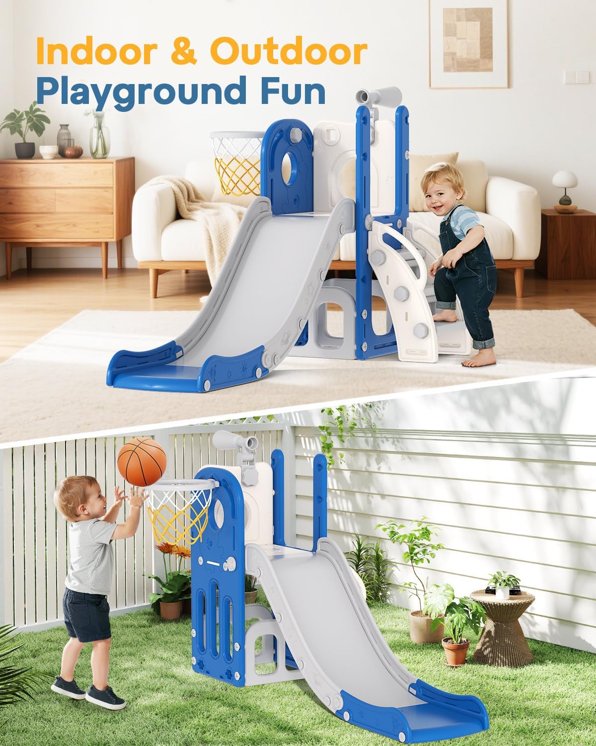 Babytronic Toddler Slide, 6 in 1 Kids Indoor Slide for Toddlers 1-3, Baby Indoor and Outdoor Climber Playset, Kids Slide with Basketball Hoop and Telescope, Toddler Outdoor Playground (Blue&Yellow)