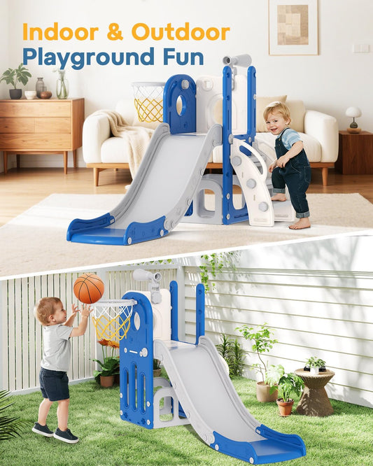 Babytronic Toddler Slide, 6 in 1 Kids Indoor Slide for Toddlers 1-3, Baby Indoor and Outdoor Climber Playset, Kids Slide with Basketball Hoop and Telescope, Toddler Outdoor Playground (Blue&Yellow)