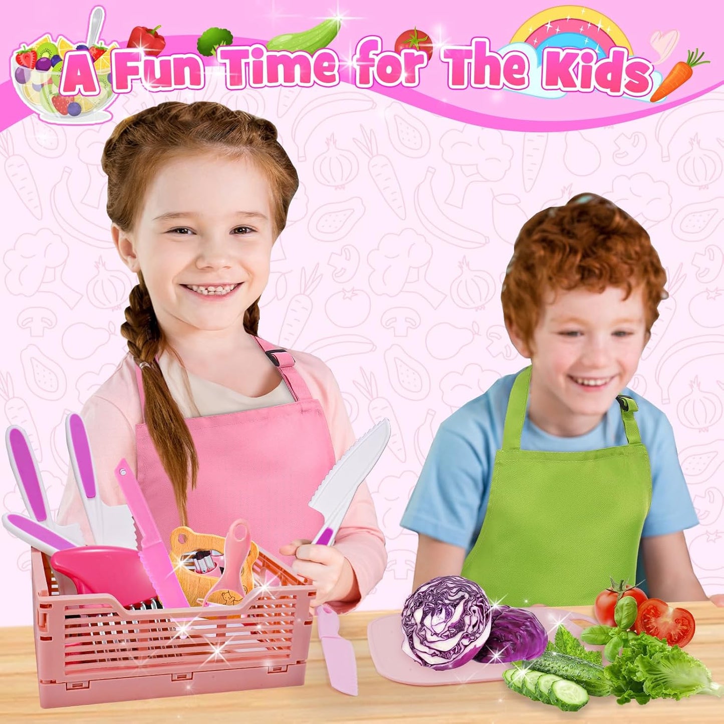 Kids Baking Cooking Set Real & Toddler Kid Apron, Kids Knife Set for Real Cooking & Basket,Food-Grade Material,Montessori Toddler Kitchen Tools, Christmas Birthday Gift for 3-10 Year Old Girls Boys