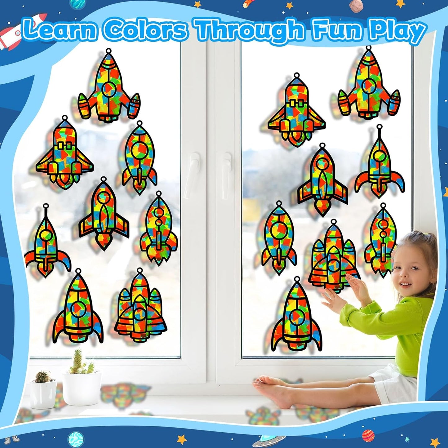 32 Sets Outer Space Suncatchers Craft Kit DIY Window Stained Glass Effect Planet Astronaut Alien Paper Crafts Home School Classroom Decoration Kid Birthday Gift Creative Art Project Activity Game - Colors A