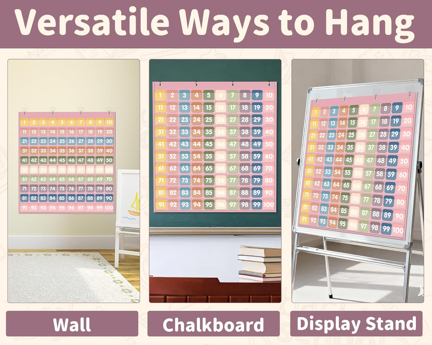 Yoink 100 Pockets Number Chart with 120 Double-Sided Number Cards, Boho Hundred Pocket Chart for Classroom Homeschool Teachers Kids Learning, Pink