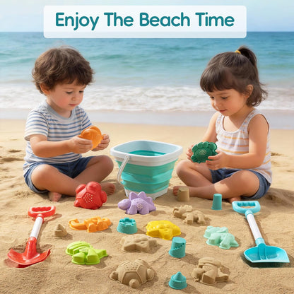 Sawaruita Beach Toys for Kids - Sand Toys Set Includes Collapsible Sand Bucket Shovel and Sand Rake Toy for Beach 12 PCS, Sandbox Toys Sandcastle Building Kit (A)