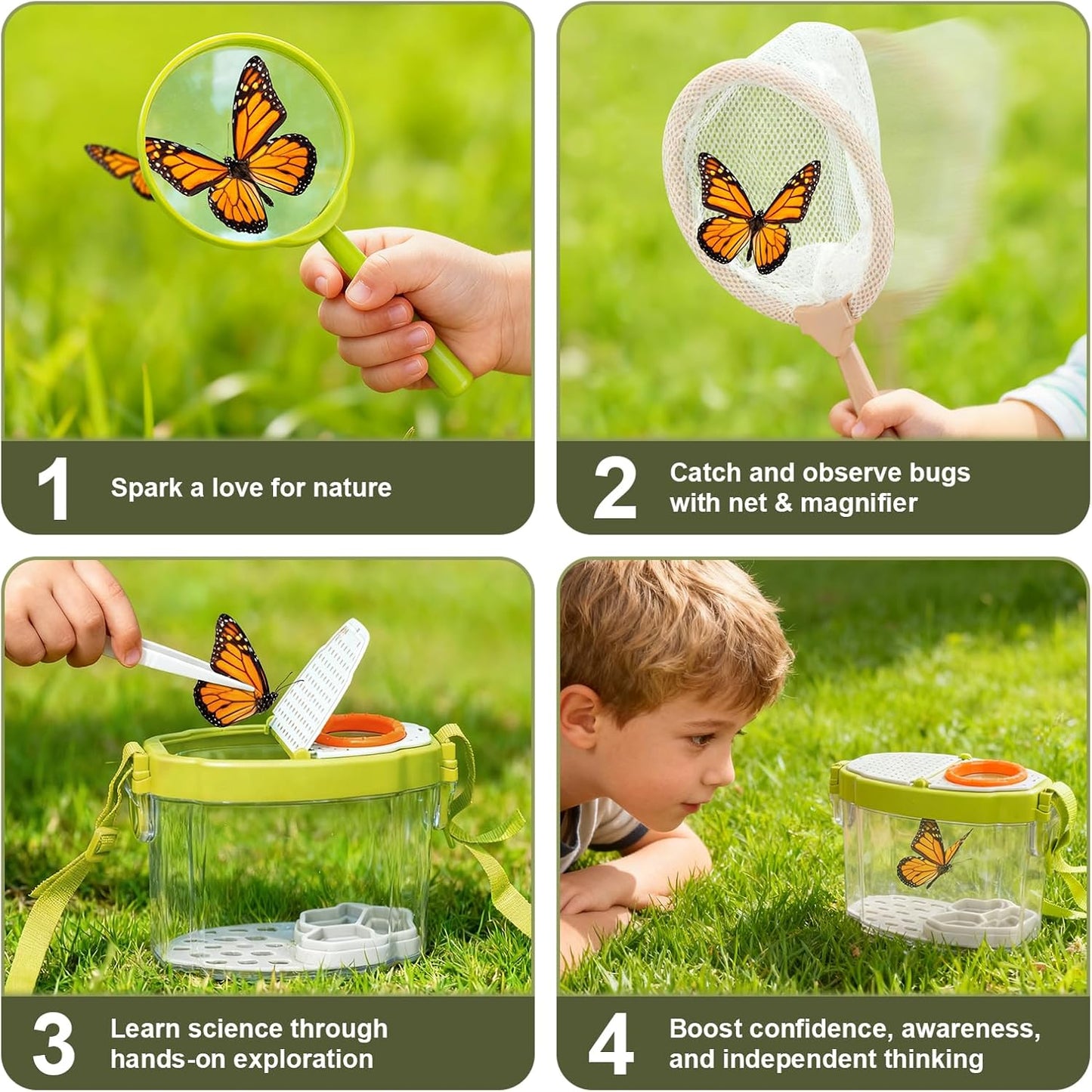 Dreamon Kids Gardening Tools & Bug Catcher Kit, 2-in-1 Outdoor Toys with Wheelbarrow and Bug House, STEM Educational Toys for 3 Year Old, Birthday Gifts Outdoor Gifts for Kids 3-5, Green
