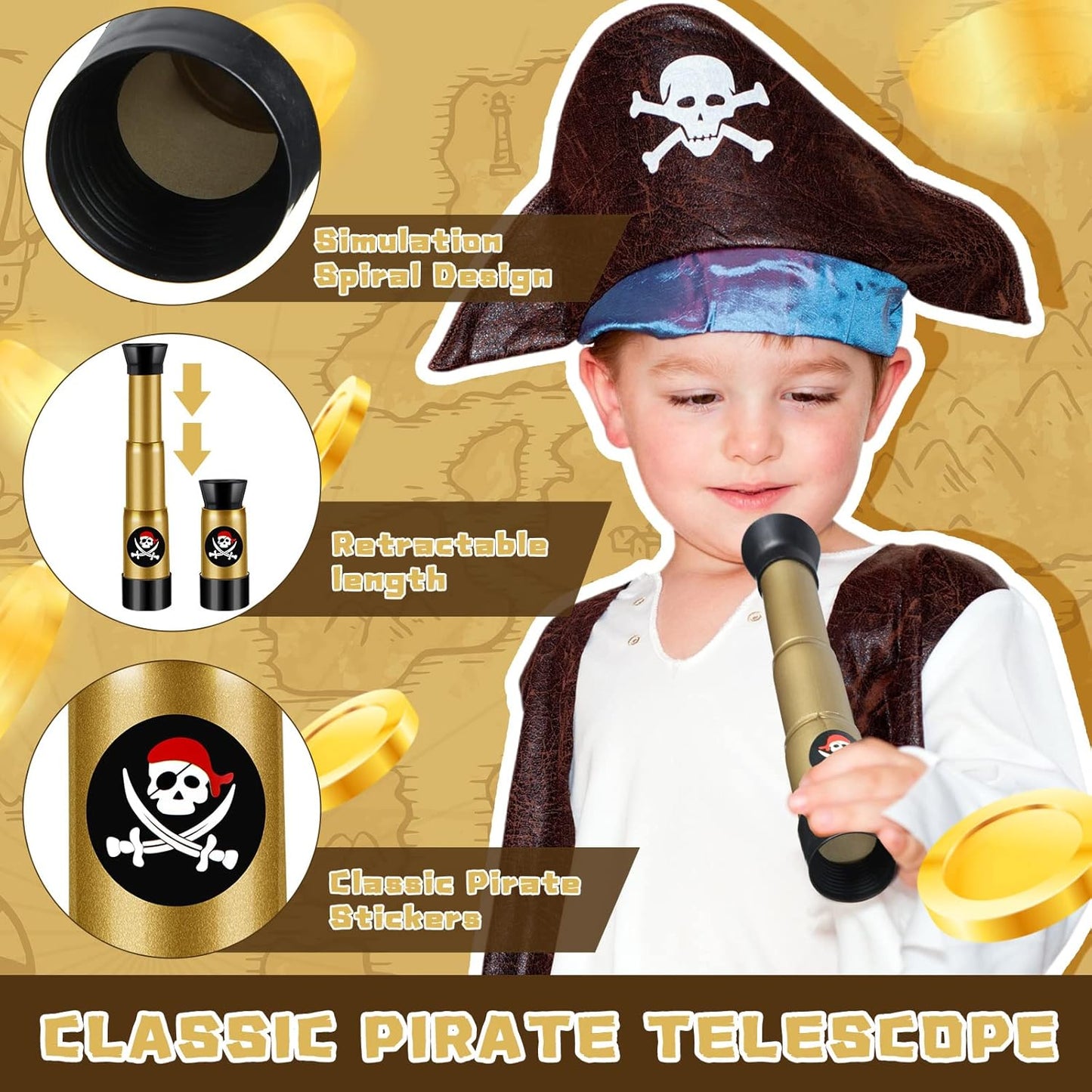 Deekin 12 Pcs Pirate Telescope Toy for Kids Pirate Birthday Toddler Telescope Spyglass Mini Treasure Hunt Pirates Ship Toys for Kids Birthday Party Favors