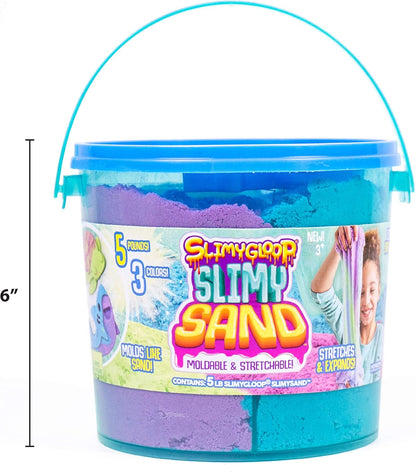 SLIMYSAND Bucket - 5 Pounds of Slimy Sand in 3 Colors (Blue, Green, Purple) - Cotton Candy Sand Play Set with 3 Molds and Reusable Bucket for Storage - Super Stretchy & Moldable Cloud Slime