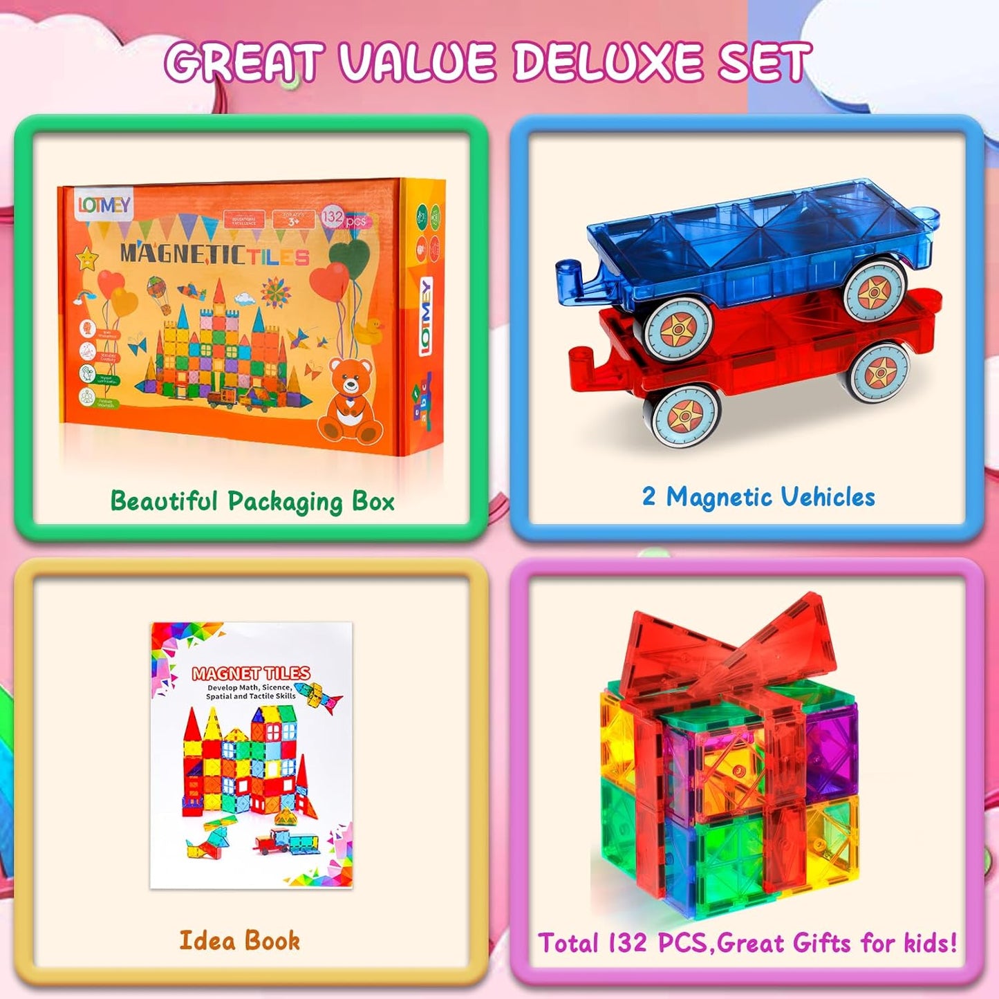 Magnetic Tiles Road Set with 2 Cranes & Double-Sided Magnet Tiles,Boys Toys for Ages 3-5 5-7 8-12,STEM Magnetic Building Construction Toys Include Car,Stations,Dolls,Roads,Signs,Gifts for 3+ Kids