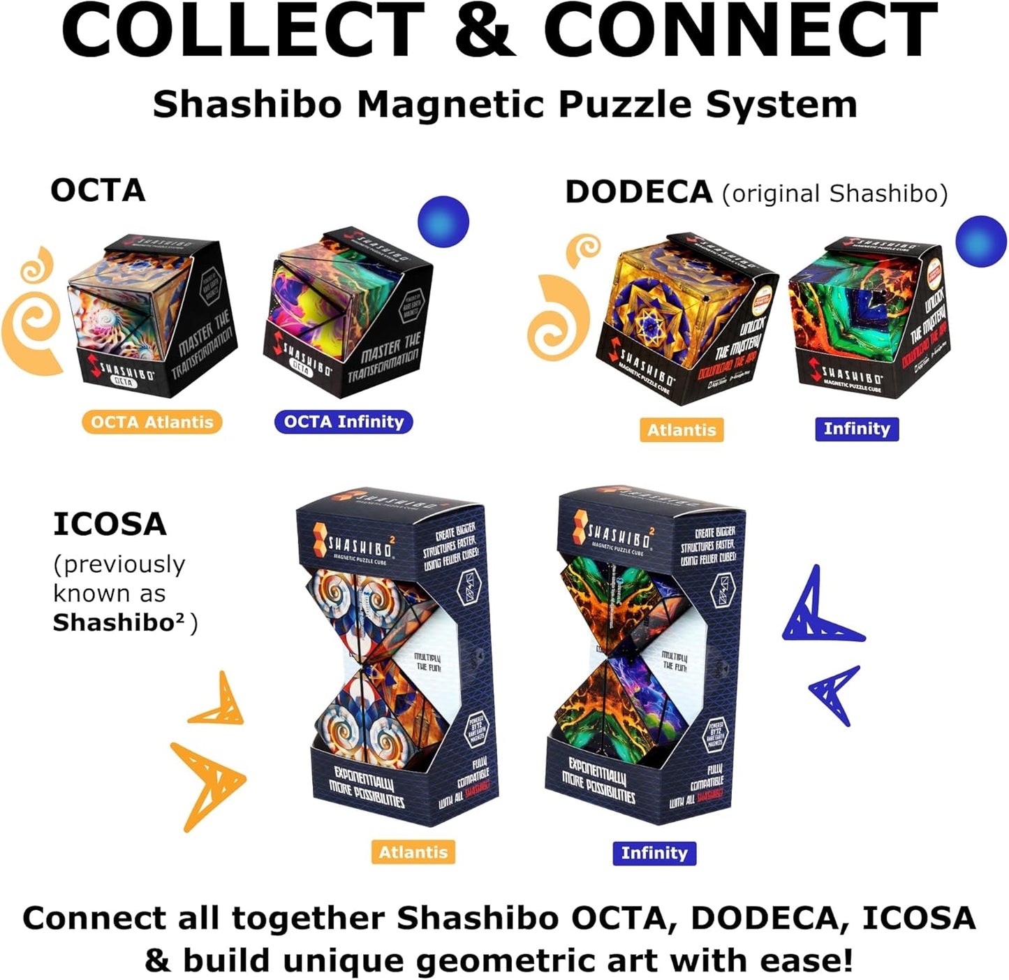 Shashibo Octa Shape Shifting Box - STEM Fidget Toy with Ultra Strong Magnets, Perfect Sensory Gift for Kids, Teens, and Adults – Pairs w/All Shashibo Cubes (Infinity)