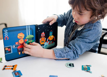 Petit Collage Magnetic Play Set, Robot Remix – Mix & Match Magnetic Game Board, Ideal for Ages 3+ – Includes 2 Magnetic Scenes and over 25 Magnet Pieces, Ideal Travel Activity for Kids
