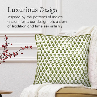 CPC 100% Cotton Throw Pillow Covers 18x18 Inch, Set of 2 Green Block Print Pattern Couch Pillow, Cute Boho Decorative Pillows for Living Room, Bedroom with Hidden Zipper- Agate Green