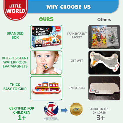 Little World Large Set of Safe and Durable Fridge Magnets for Toddlers 1-3 | Foam Refrigerator Magnets for Kids with Gift Box | Waterproof, Non-Toxic Cars & Vehicles Magnets for Children and Babies 1+