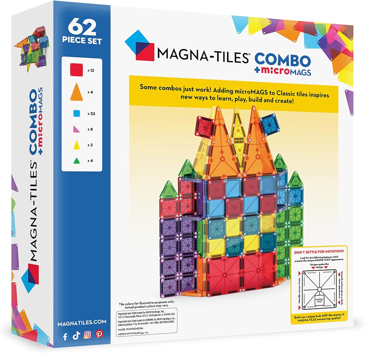 Magna-Tiles Combo 62-Piece Magnetic Construction Set, The Original Magnetic Building Brand
