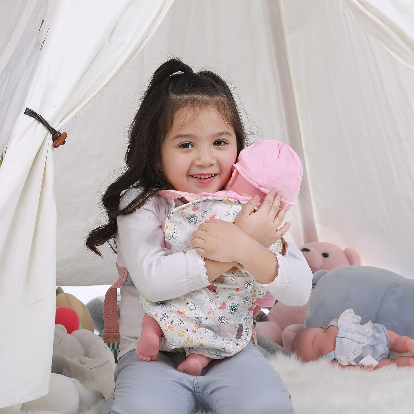 GAGAKU Baby Doll Carrier for Little Girls, Reborn Doll Accessories for Toddlers 3+ Years Old, Kids Toy Baby Dolls Sling Carrier - Pink - Moonflower