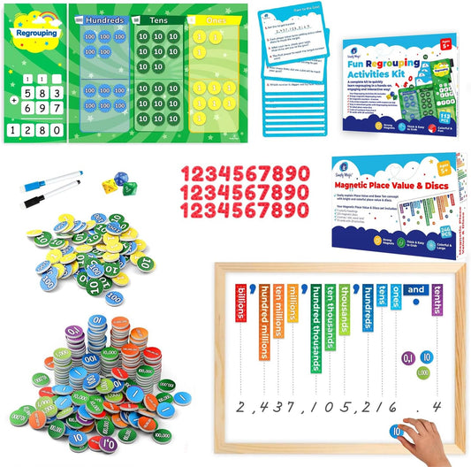 Simply Magic 113 PCS Fun Magnetic Regrouping Activities Kit & 246 PCS Display Magnetic Place Value ans Discs Set