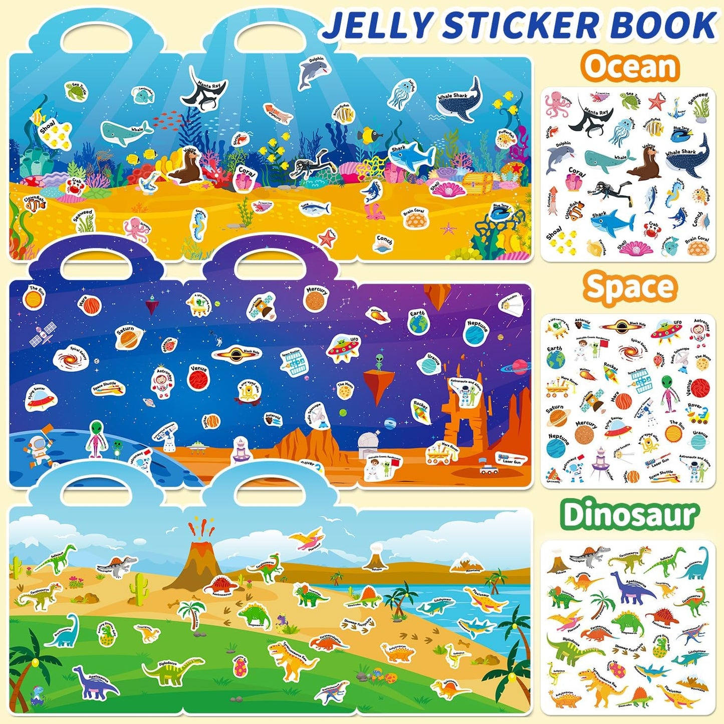 6 Sets Reusable Sticker Book for Toddlers 3-6, Jelly Sticker Books for Toddler, Travel Sticker Activity Toys for Kids 3 4 5 6 Years Old Girls & Boys